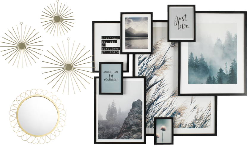 VALTER frames, STELLAN wall art and ALEKSANDER mirror Wall decoration inspiration. Black picture frames in various sizes paired with gold wall art and decorative mirror