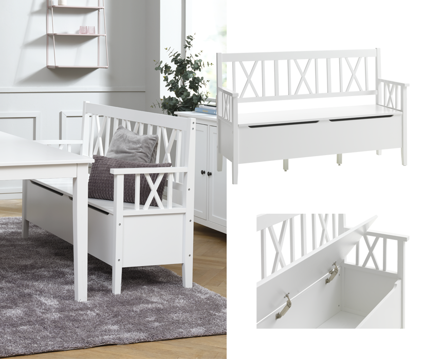 white dining bench with built in storage