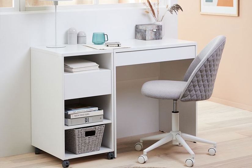 White shelves and drawers on wheels. Perfect addition to your desk for more home office storage