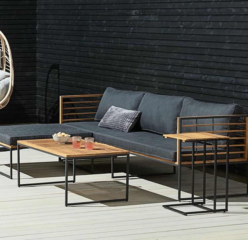 UGILT lounge sofa Teak wood and metal frame garden lounge sofa with dark grey sofa cushions