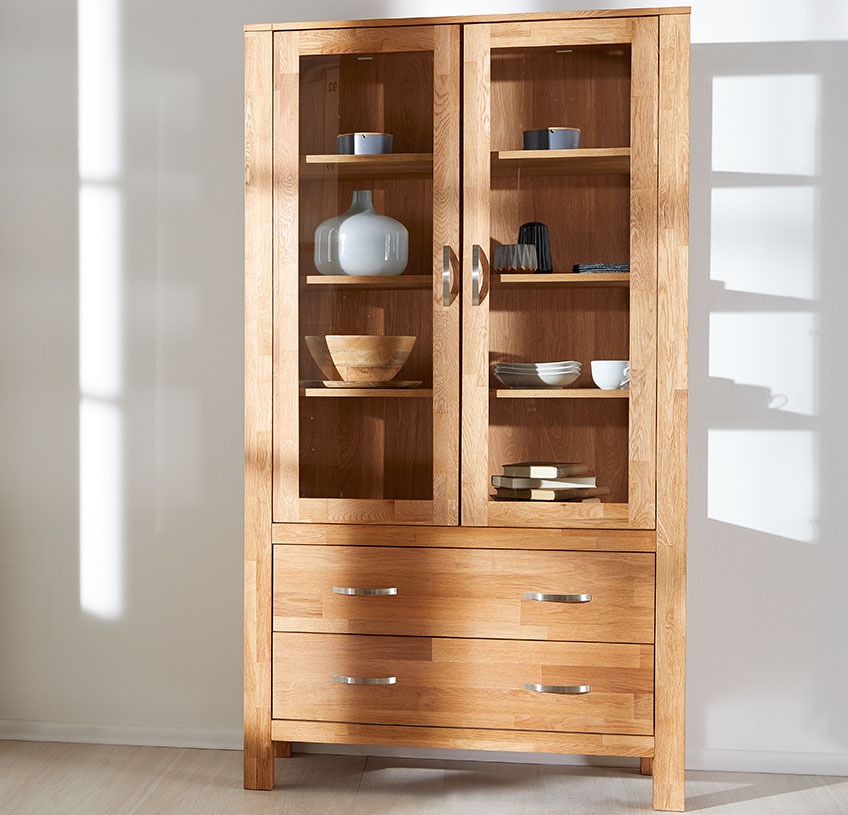 Wooden cabinet with glass doors and two drawers 