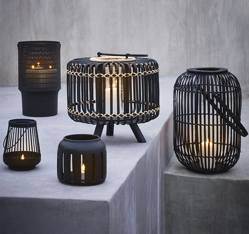 Five black lanterns in different sizes and shapes