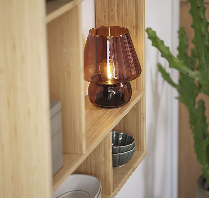 Battery lamp in brown glass on oak shelf