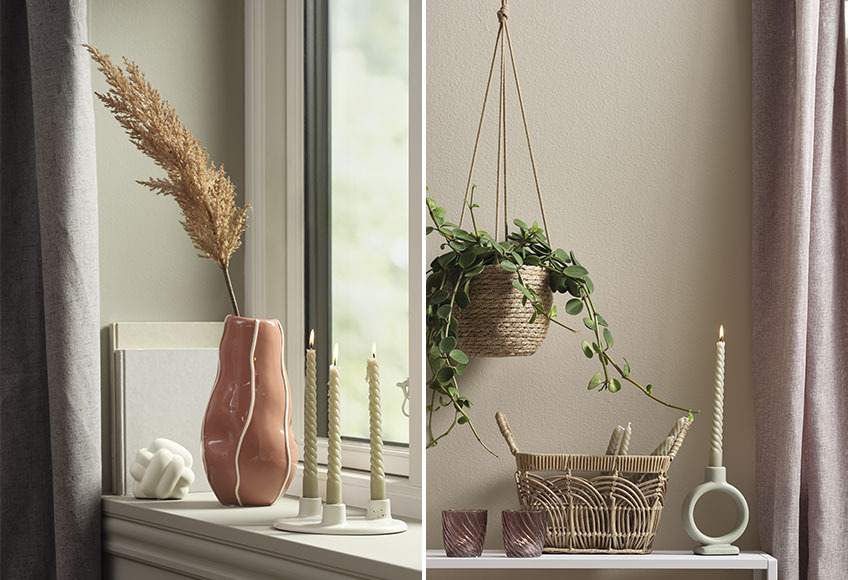 ULF vase and LAURITS candlestick and STEFAN plant pot, VAGN tealight holder, VILIUS basket and THORSTEN candlestick Windowsill with vase and candlestick and console table with tealight holders, basket and candlestick