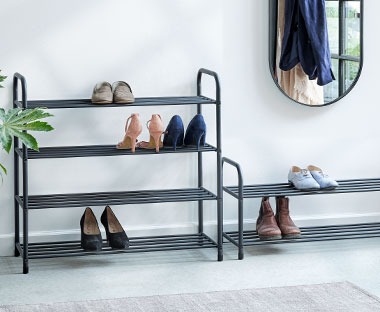 simple metal frame shoe racks in grey four and two shelves